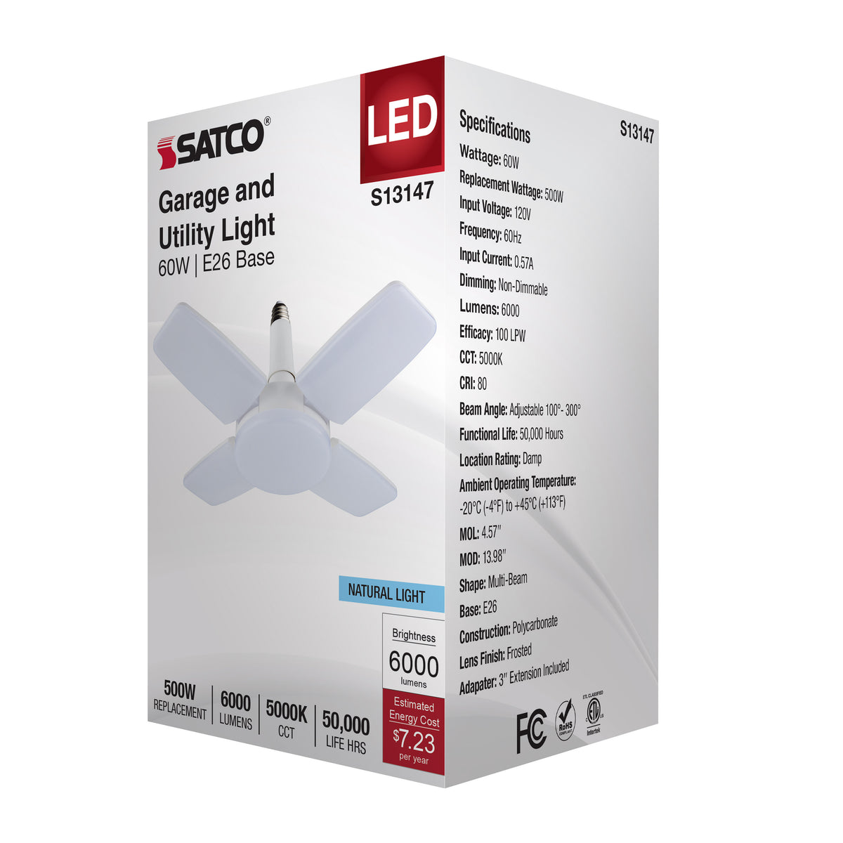 60 Watt LED Multi-Beam Utility/Garage Lamp - 5000K Natural Light - White Finish - 120 Volt