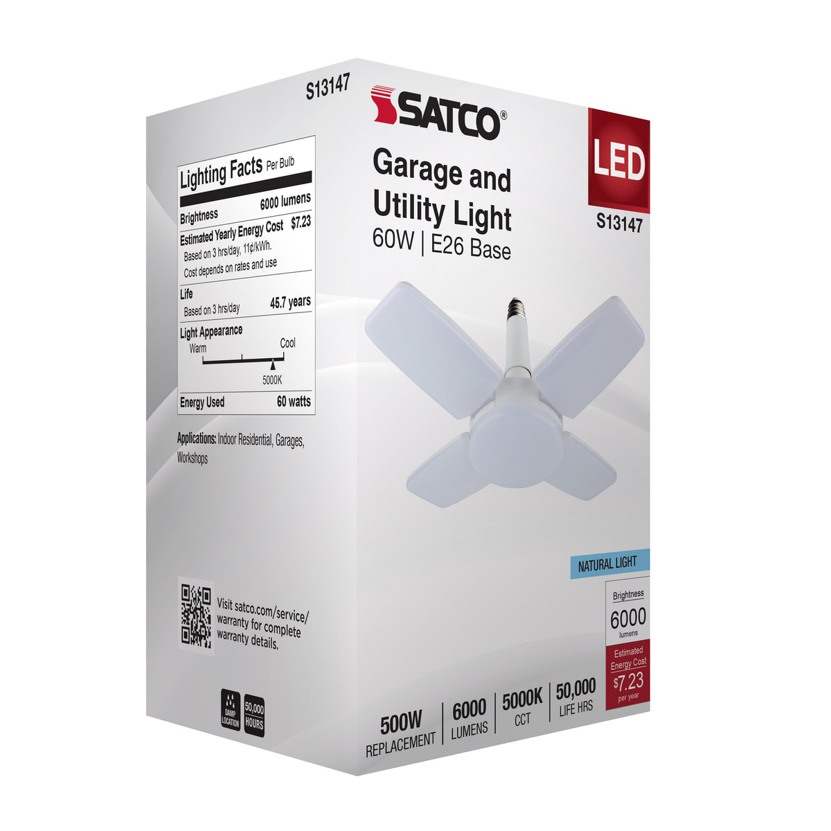 60 Watt LED Multi-Beam Utility/Garage Lamp - 5000K Natural Light - White Finish - 120 Volt