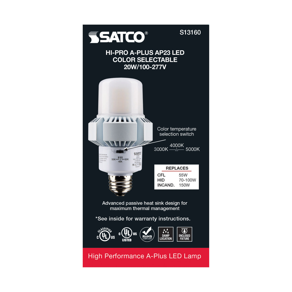 20 Watt - A-Plus 23 - LED - CCT Selectable 3K/4K/5K - Medium base - Type B - Ballast Bypass - 120-277 Volt - ColorQuick Technology
