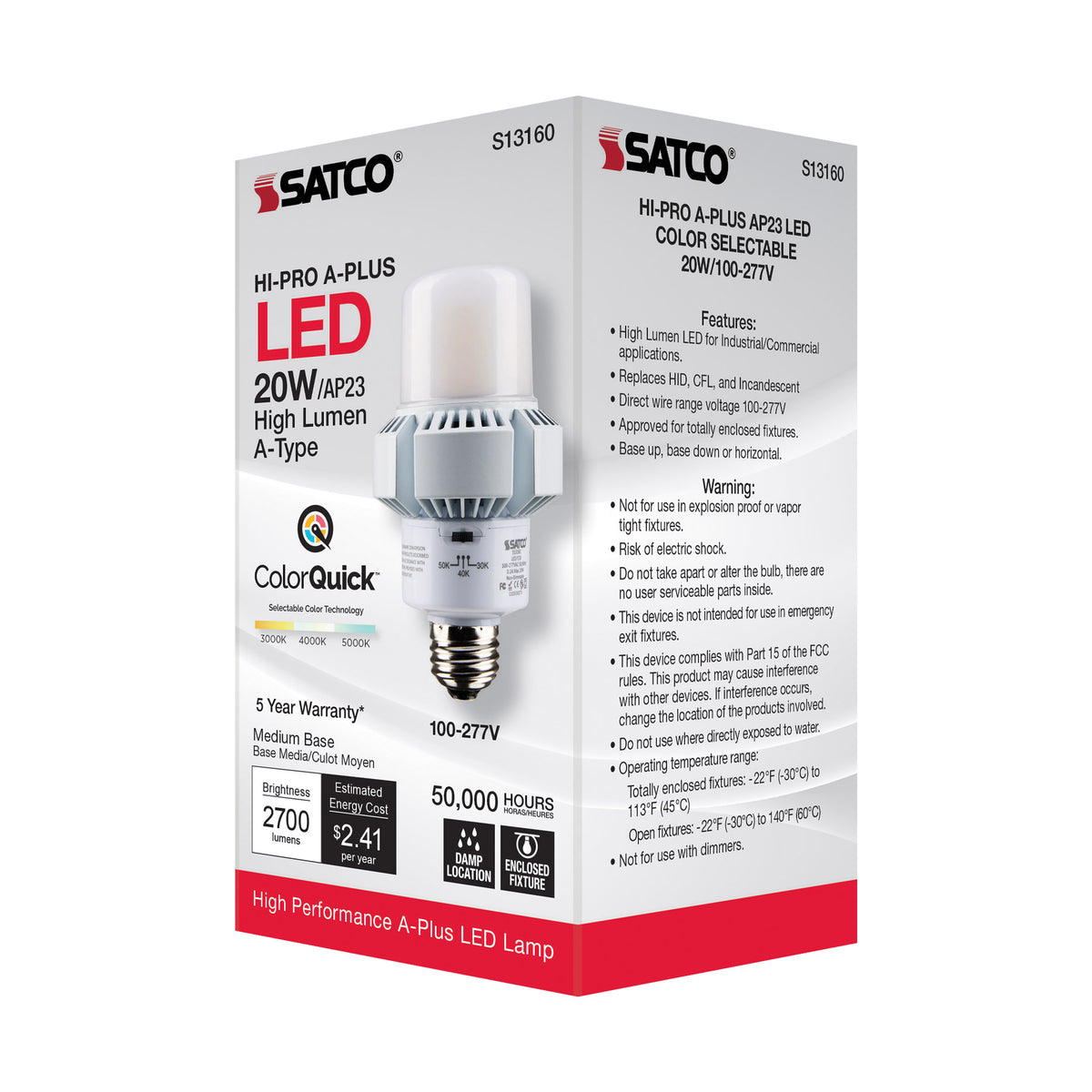 20 Watt - A-Plus 23 - LED - CCT Selectable 3K/4K/5K - Medium base - Type B - Ballast Bypass - 120-277 Volt - ColorQuick Technology