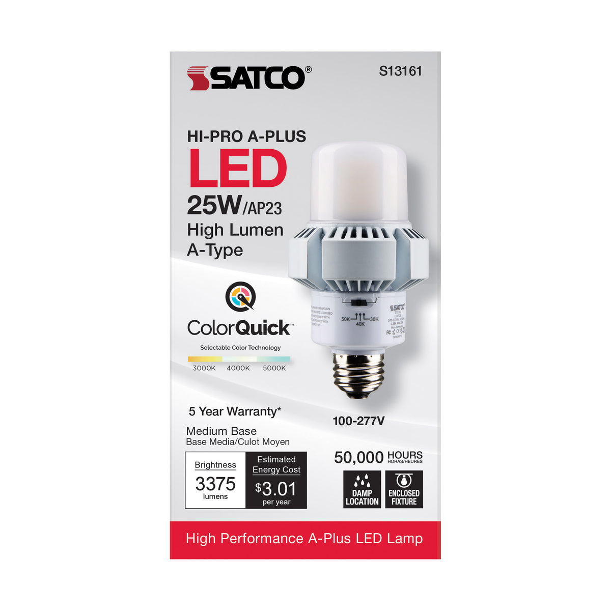 25 Watt - A-Plus 23 - LED - CCT Selectable 3K/4K/5K - Medium base - Type B - Ballast Bypass - 120-277 Volt - ColorQuick Technology