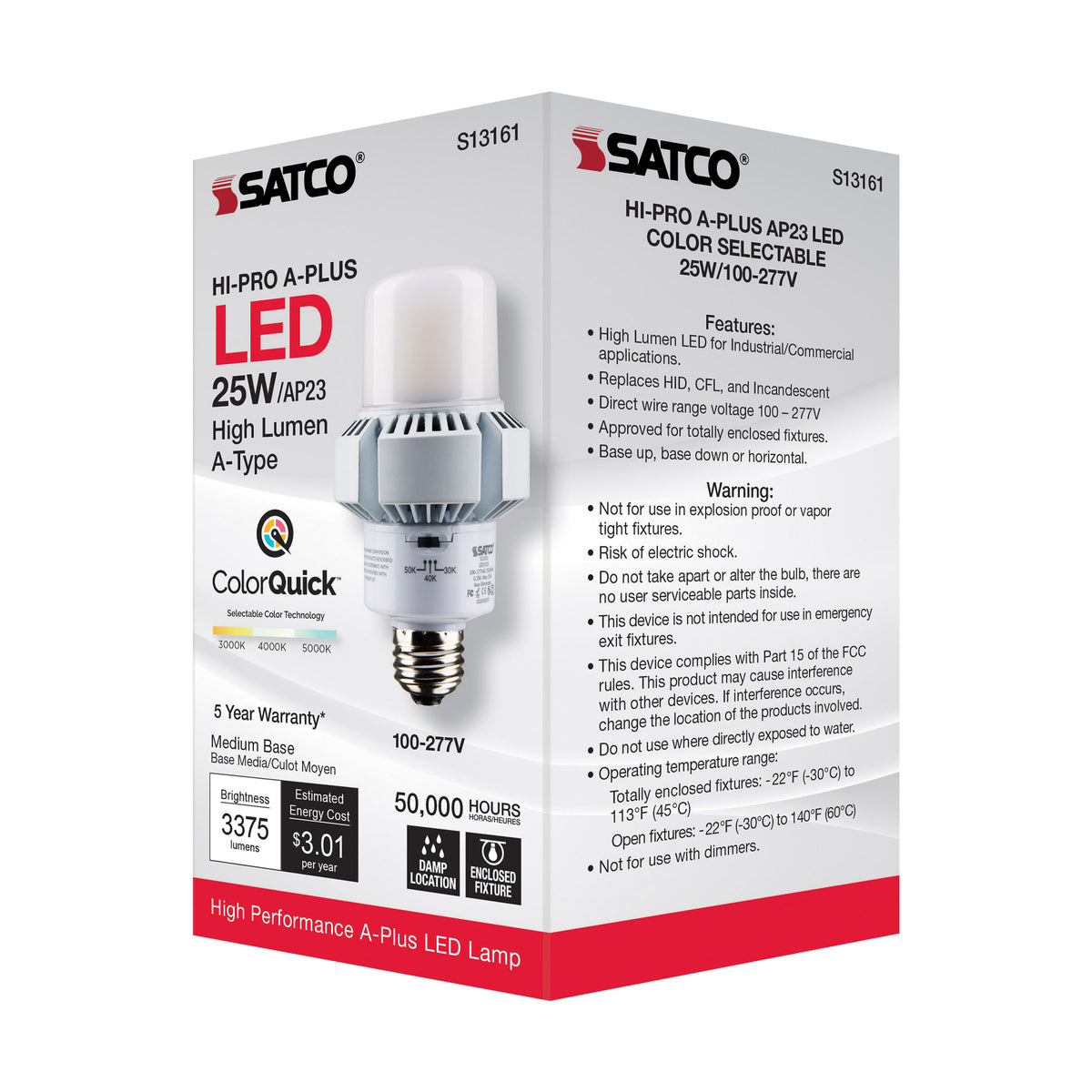 25 Watt - A-Plus 23 - LED - CCT Selectable 3K/4K/5K - Medium base - Type B - Ballast Bypass - 120-277 Volt - ColorQuick Technology