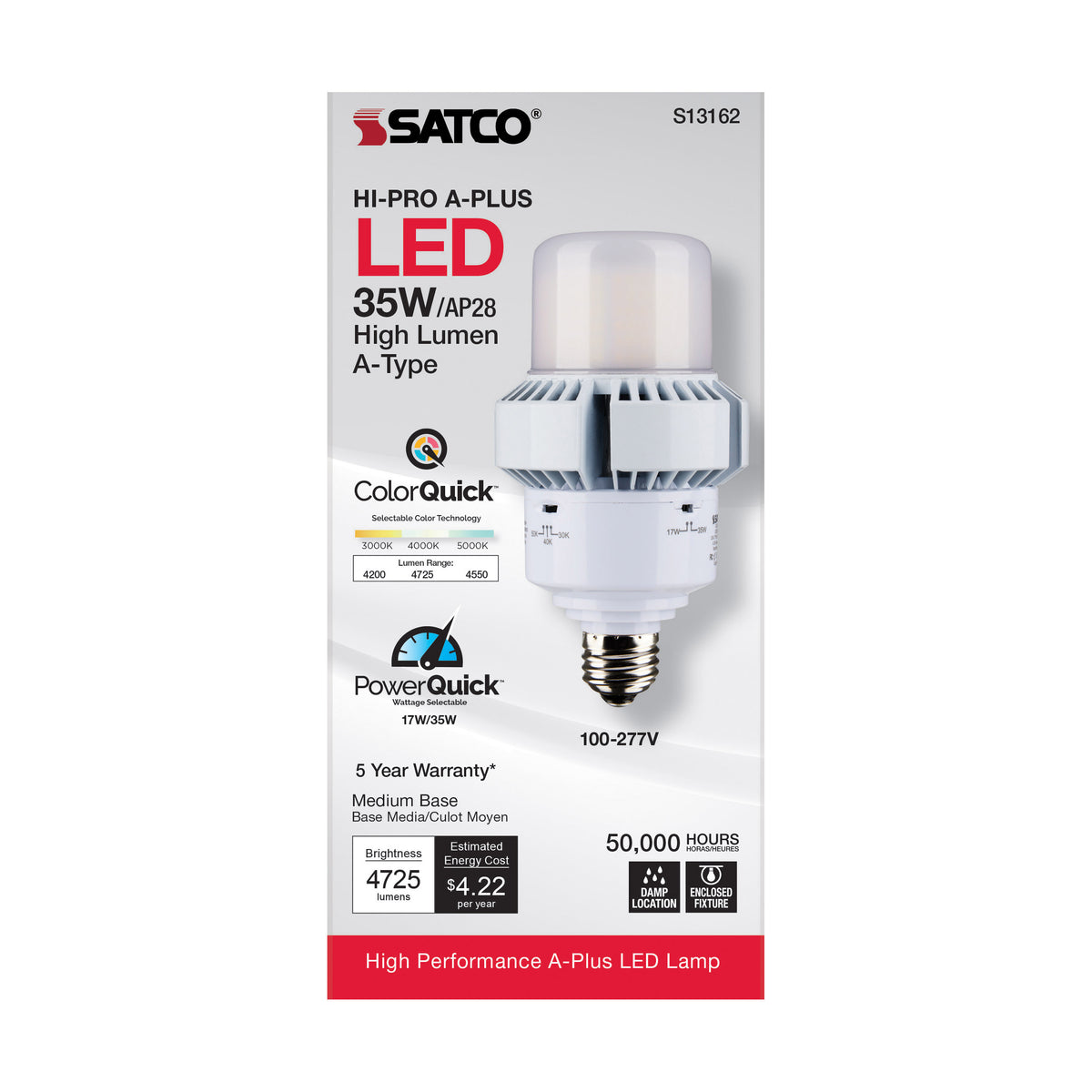 35 Watt - A-Plus 28 - LED - CCT Selectable and Wattage Selectable - Medium base - Type B - Ballast Bypass - ColorQuick Technology - PowerQuick Technology