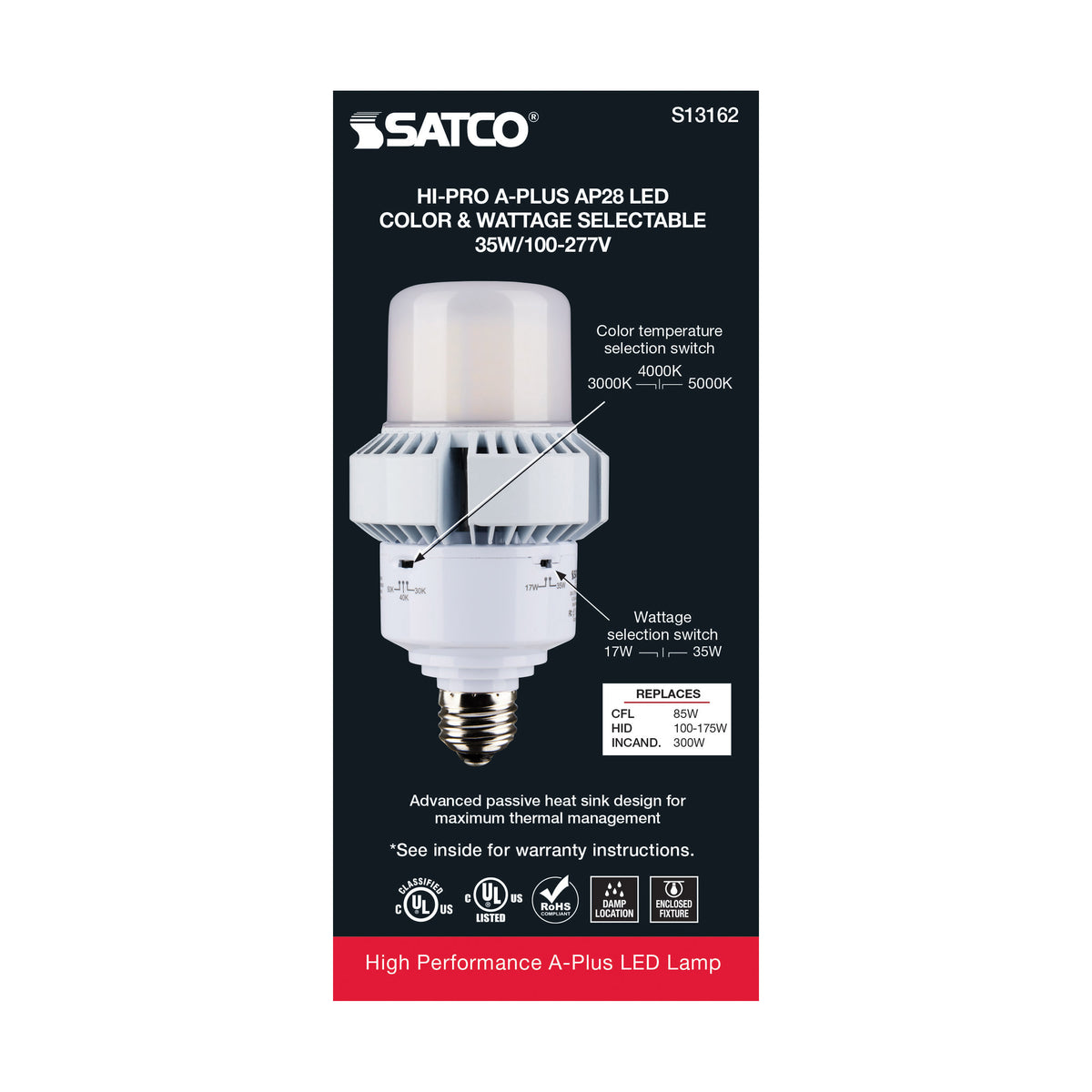 35 Watt - A-Plus 28 - LED - CCT Selectable and Wattage Selectable - Medium base - Type B - Ballast Bypass - ColorQuick Technology - PowerQuick Technology