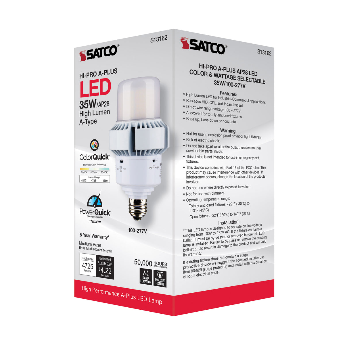 35 Watt - A-Plus 28 - LED - CCT Selectable and Wattage Selectable - Medium base - Type B - Ballast Bypass - ColorQuick Technology - PowerQuick Technology