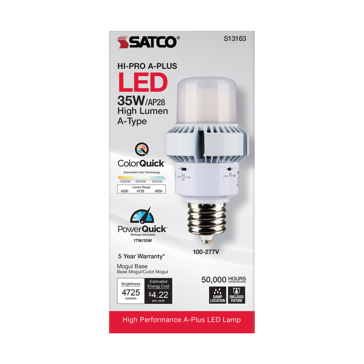 35 Watt - A-Plus 28 - LED - CCT Selectable and Wattage Selectable - Extended Mogul base - Type B - Ballast Bypass - ColorQuick Technology - PowerQuick Technology