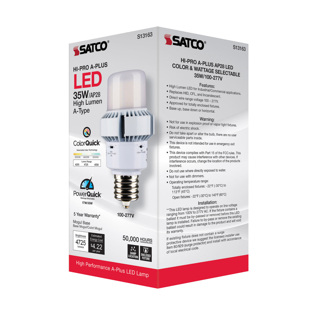 35 Watt - A-Plus 28 - LED - CCT Selectable and Wattage Selectable - Extended Mogul base - Type B - Ballast Bypass - ColorQuick Technology - PowerQuick Technology