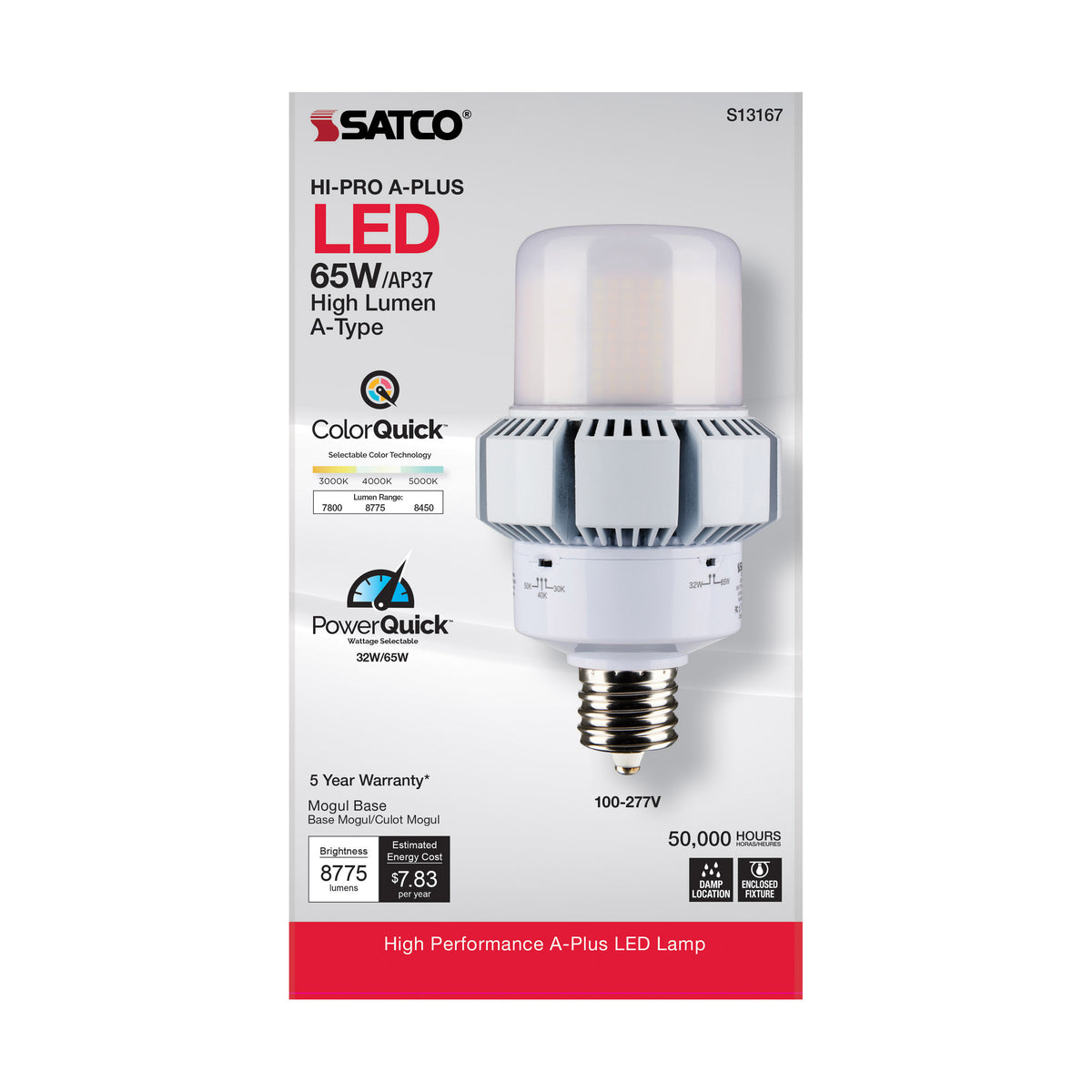 65 Watt - A-Plus 37 - LED - CCT Selectable and Wattage Selectable - Extended Mogul base - Type B - Ballast Bypass - ColorQuick Technology - PowerQuick Technology
