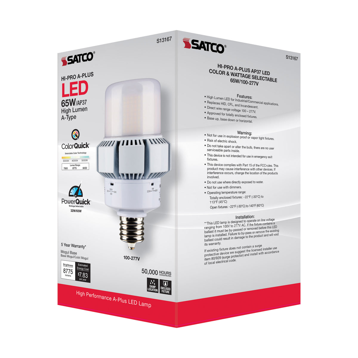 65 Watt - A-Plus 37 - LED - CCT Selectable and Wattage Selectable - Extended Mogul base - Type B - Ballast Bypass - ColorQuick Technology - PowerQuick Technology