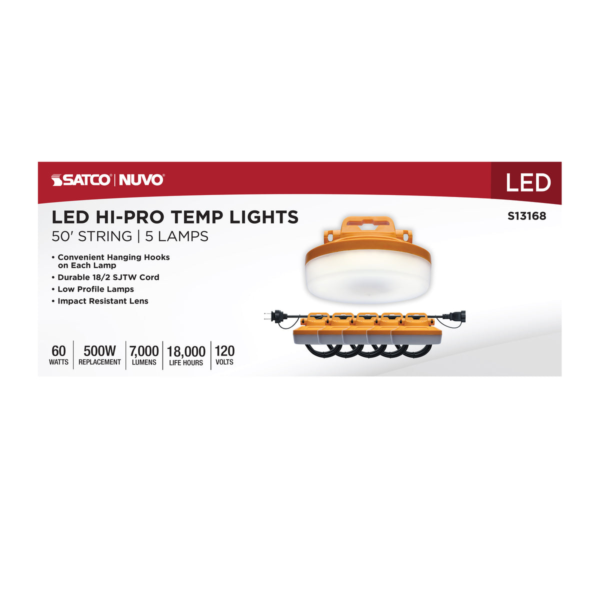 60 Watt LED High-Lumen Industrial/Commercial String Light - 5 Interconnected Lamps - 5000K - 50 Foot Integrated Cord - 120 Volt