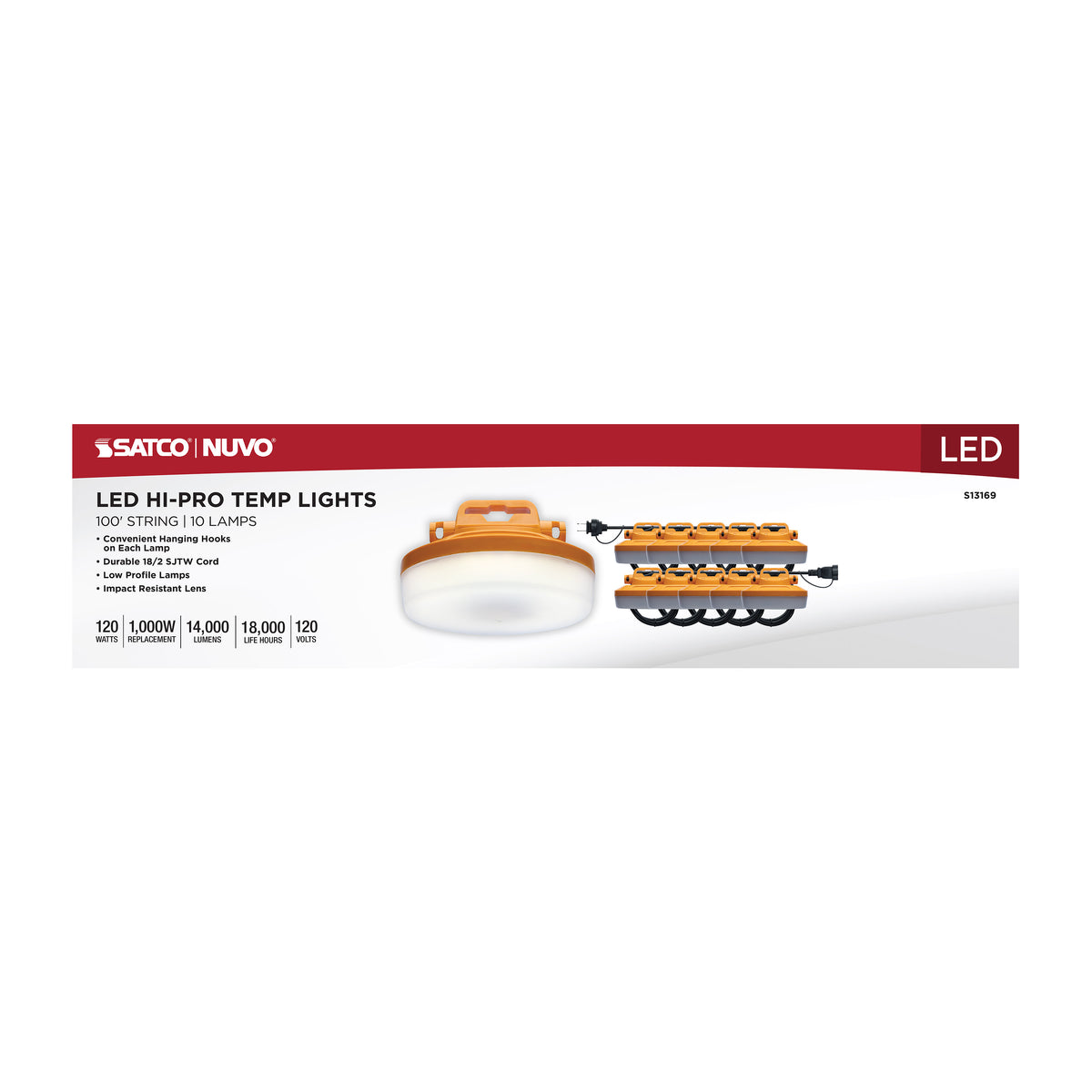 120 Watt LED High-Lumen Industrial/Commercial String Light - 10 Interconnected Lamps - 5000K - 100 Foot Integrated Cord - 120 Volt