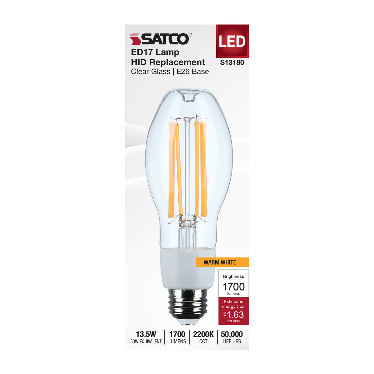 13.5 Watt LED HID Replacement - ED17 - 2200K - Medium Base - Clear - 120-277 Range Voltage