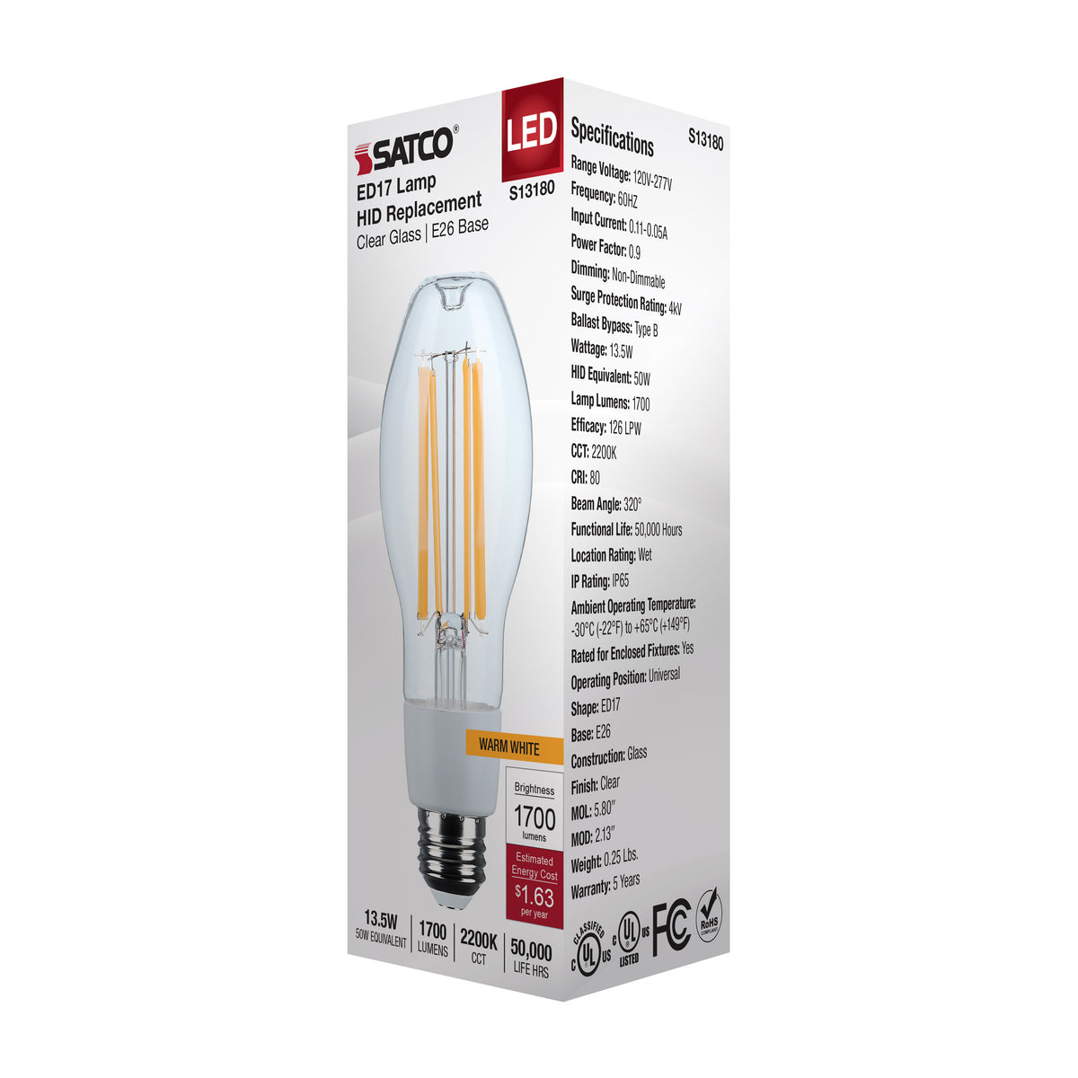 13.5 Watt LED HID Replacement - ED17 - 2200K - Medium Base - Clear - 120-277 Range Voltage