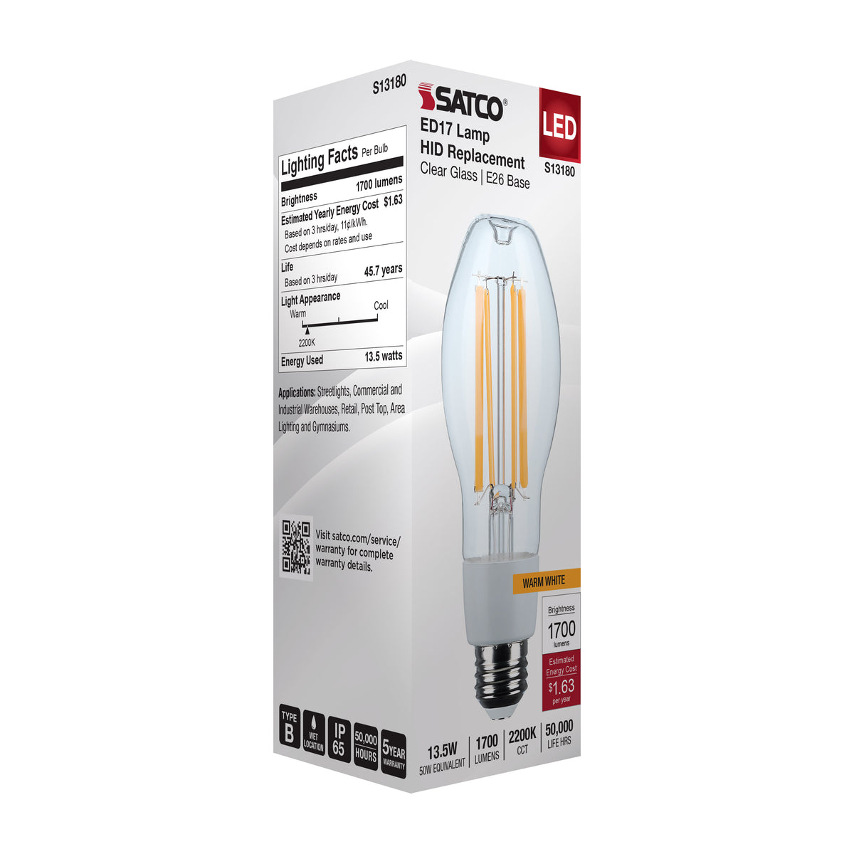 13.5 Watt LED HID Replacement - ED17 - 2200K - Medium Base - Clear - 120-277 Range Voltage