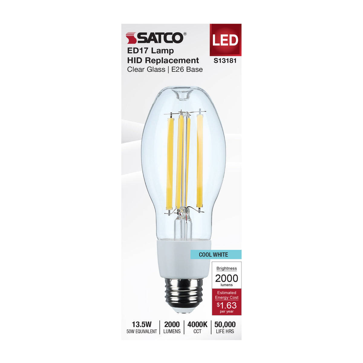 13.5 Watt LED HID Replacement - ED17 - 4000K - Medium Base - Clear - 120-277 Range Voltage