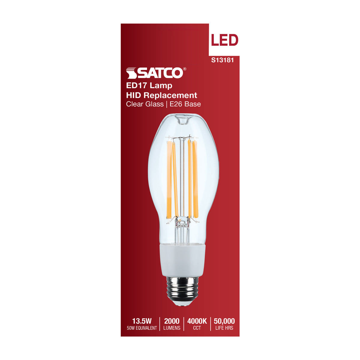 13.5 Watt LED HID Replacement - ED17 - 4000K - Medium Base - Clear - 120-277 Range Voltage