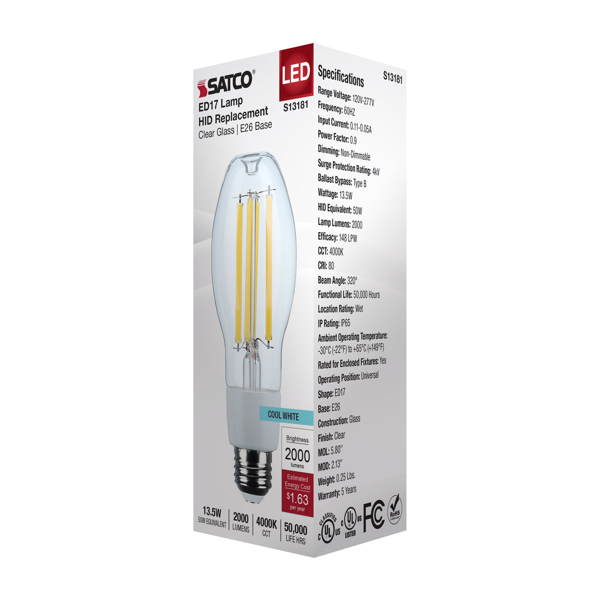 13.5 Watt LED HID Replacement - ED17 - 4000K - Medium Base - Clear - 120-277 Range Voltage