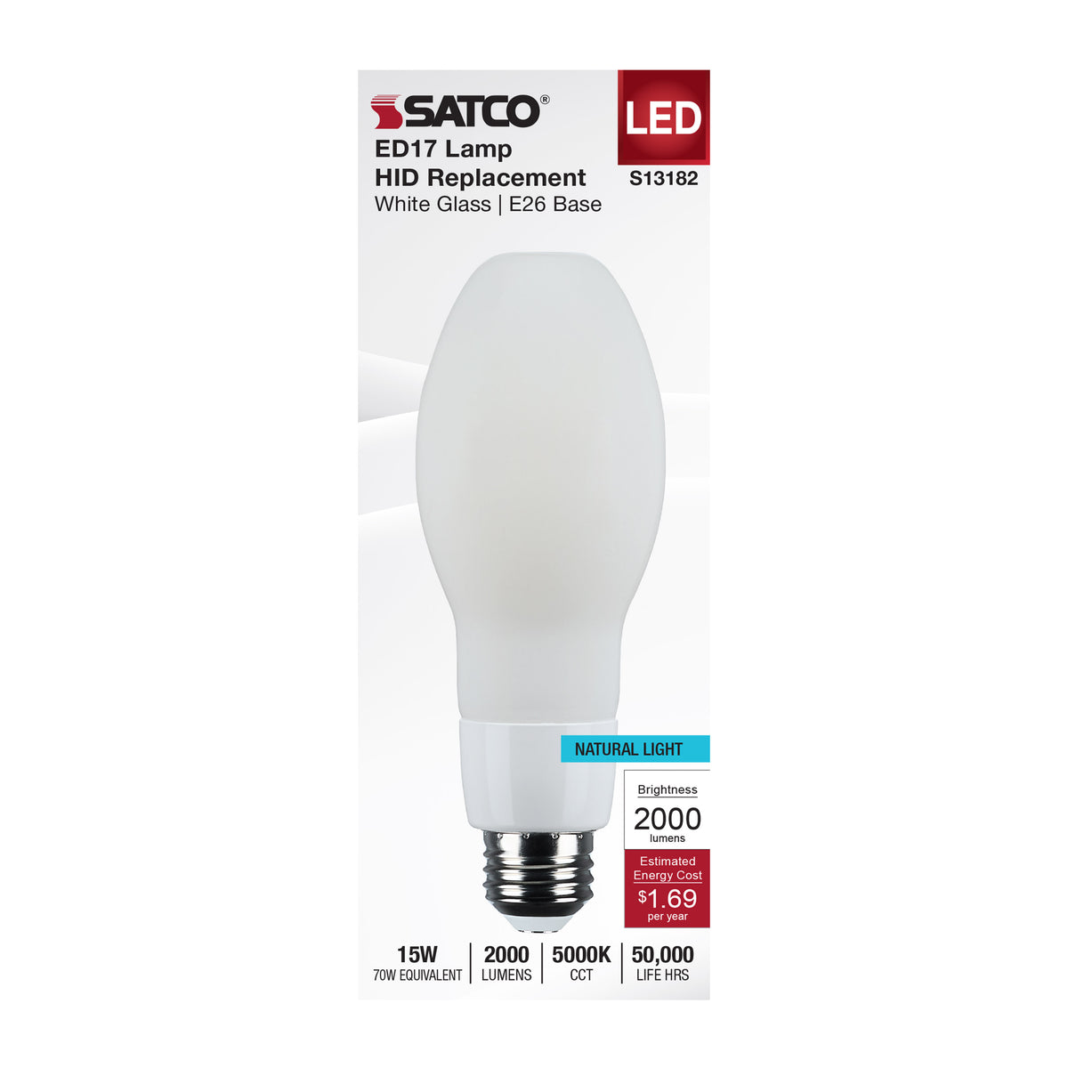 15 Watt LED HID Replacement - ED17 - 5000K - Medium Base - White - 120-277 Range Voltage