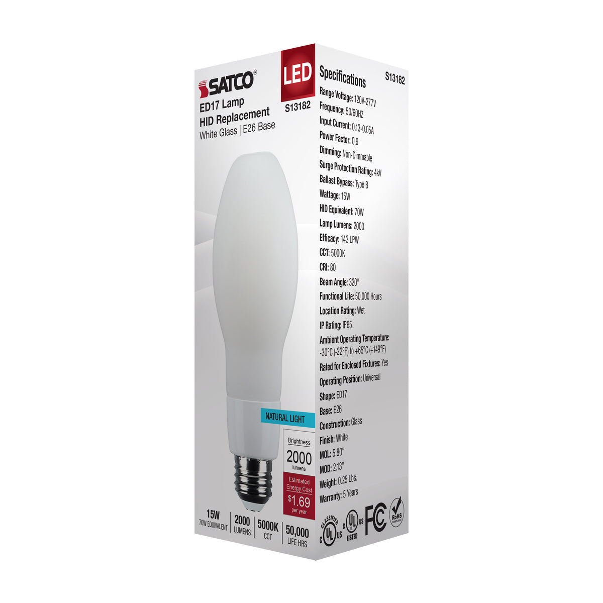 15 Watt LED HID Replacement - ED17 - 5000K - Medium Base - White - 120-277 Range Voltage