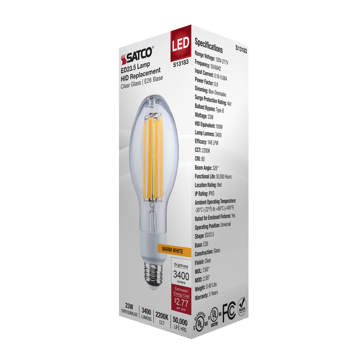 23 Watt LED HID Replacement - ED23.5 - 2200K - Medium Base - Clear - 120-277 Range Voltage