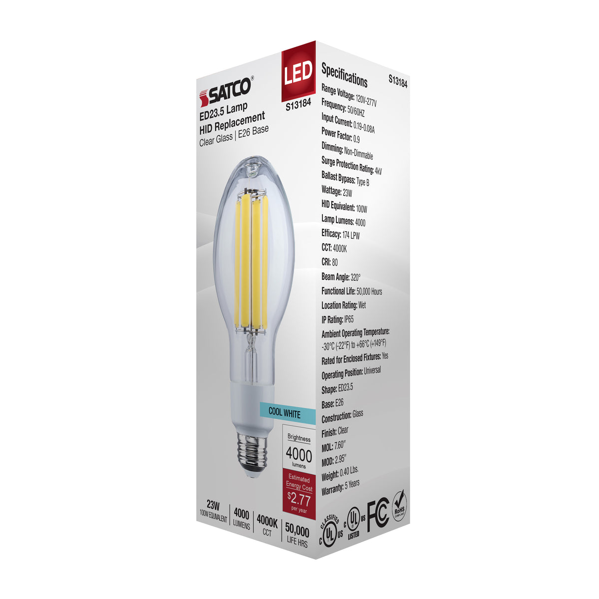23 Watt LED HID Replacement - ED23.5 - 4000K - Medium Base - Clear - 120-277 Range Voltage