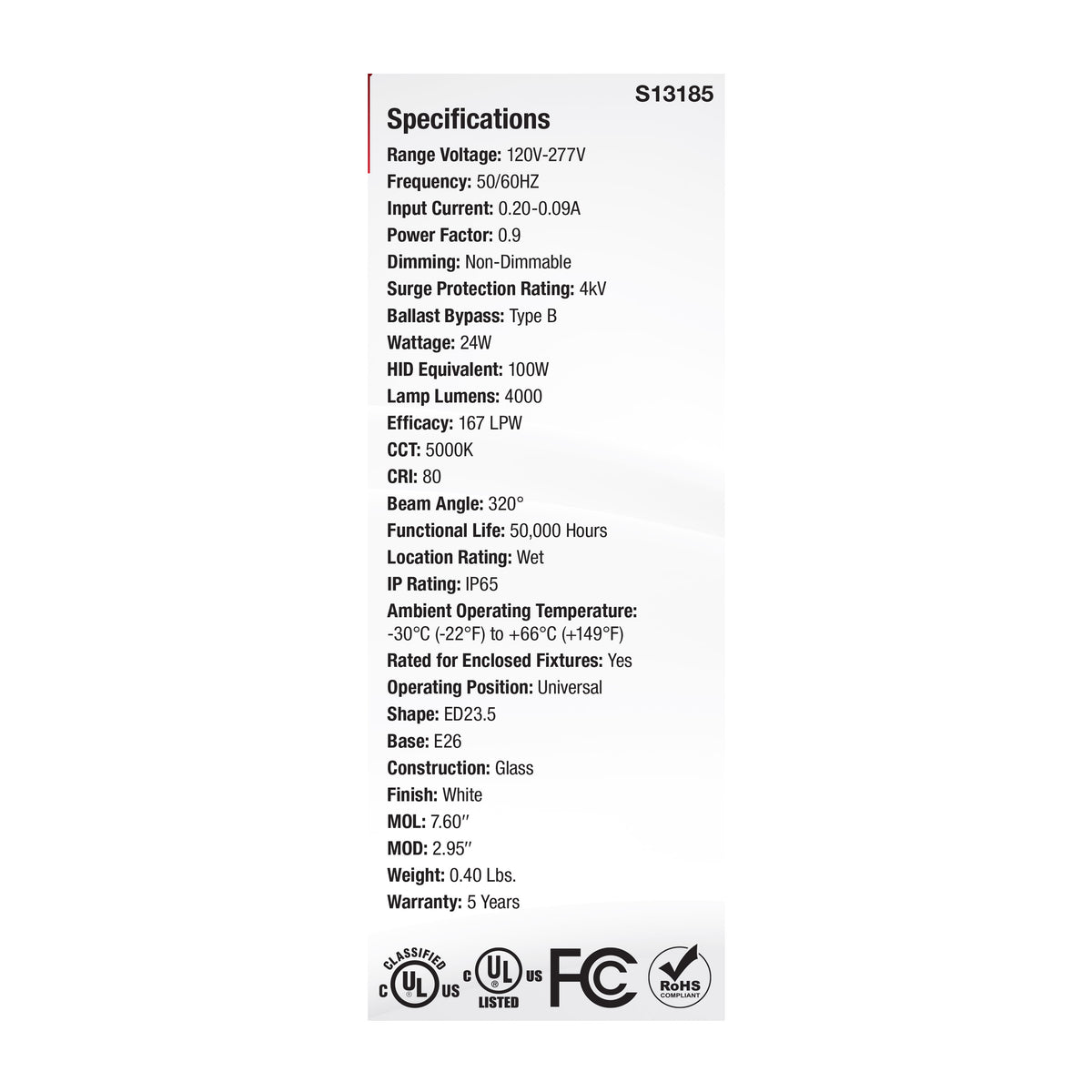 24 Watt LED HID Replacement - ED23.5 - 5000K - Medium Base - White - 120-277 Range Voltage