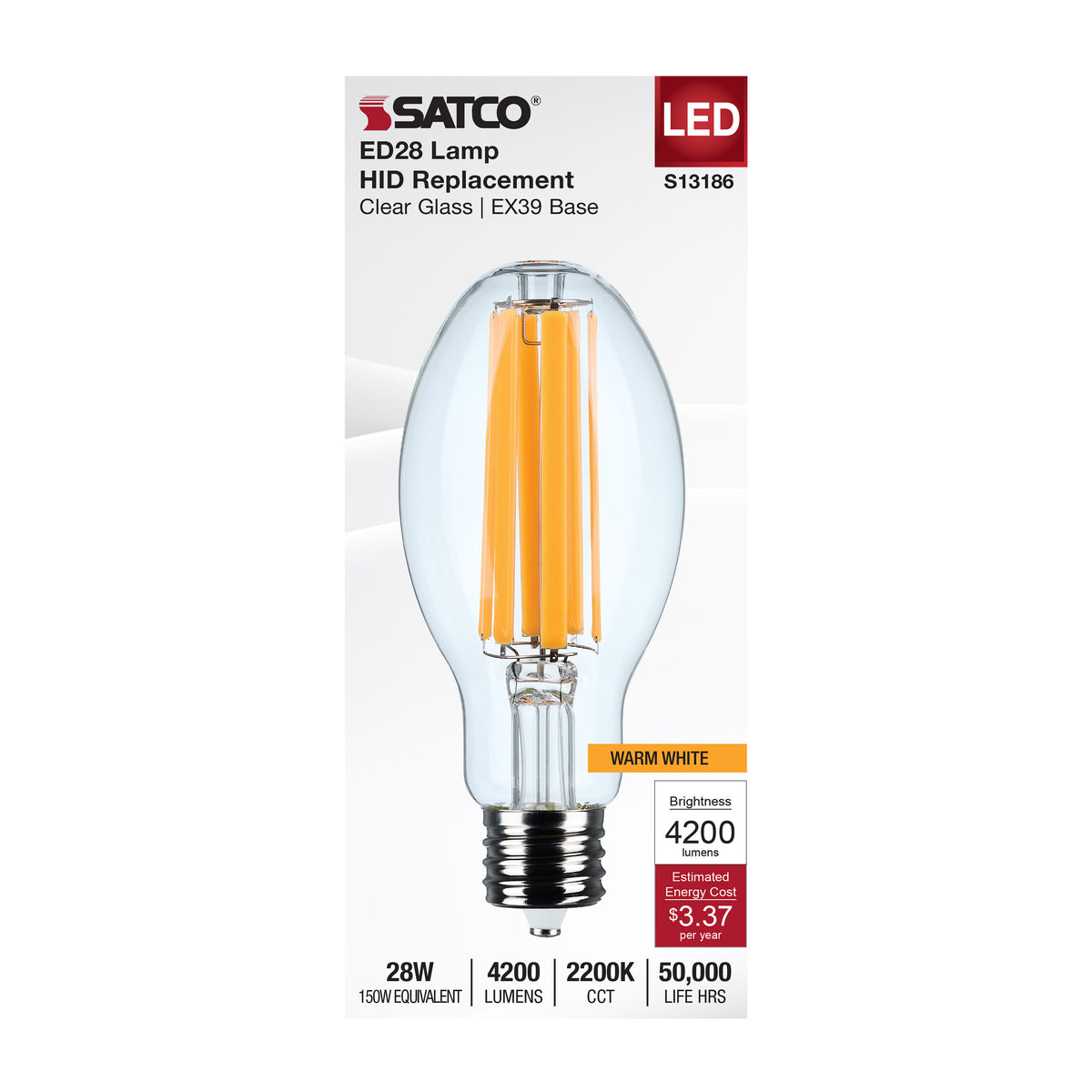 28 Watt LED HID Replacement - ED28 - 2200K - Extended Mogul Base - Clear - 120-277 Range Voltage