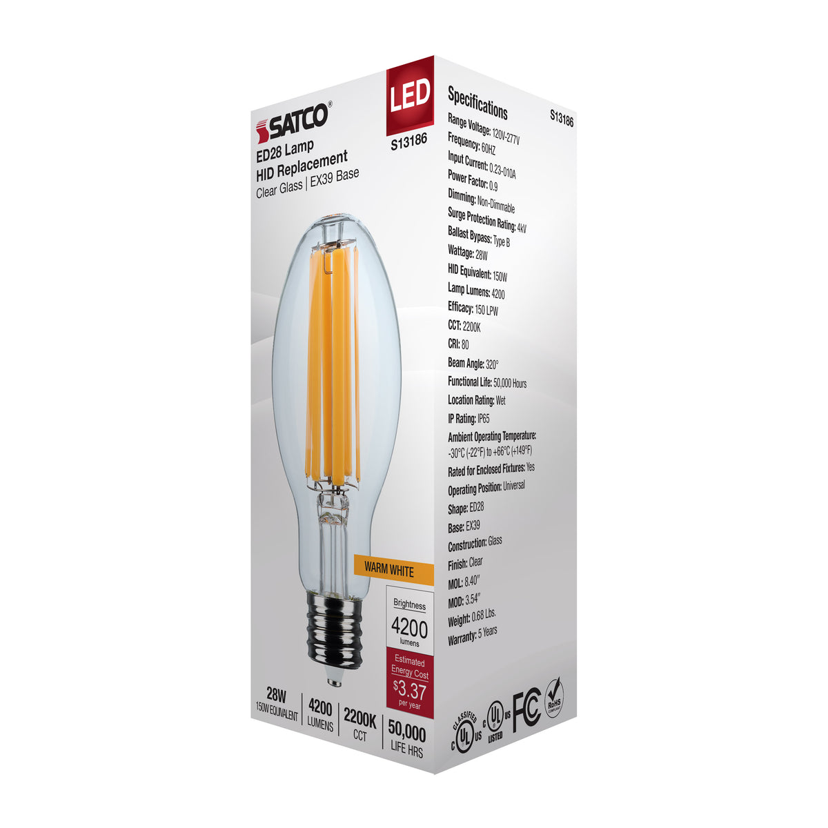 28 Watt LED HID Replacement - ED28 - 2200K - Extended Mogul Base - Clear - 120-277 Range Voltage