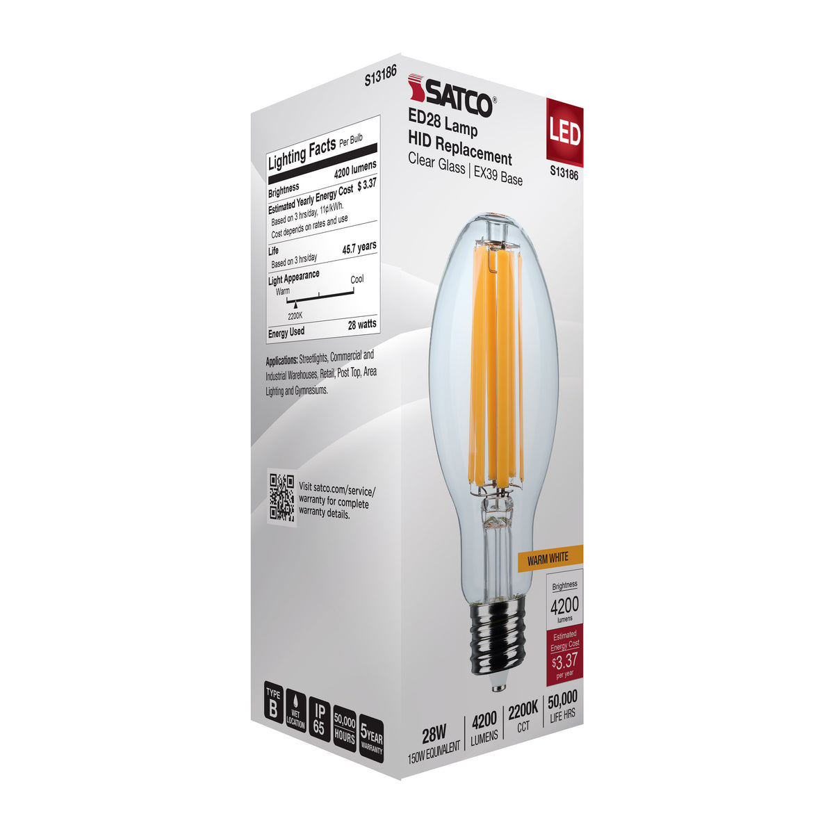 28 Watt LED HID Replacement - ED28 - 2200K - Extended Mogul Base - Clear - 120-277 Range Voltage