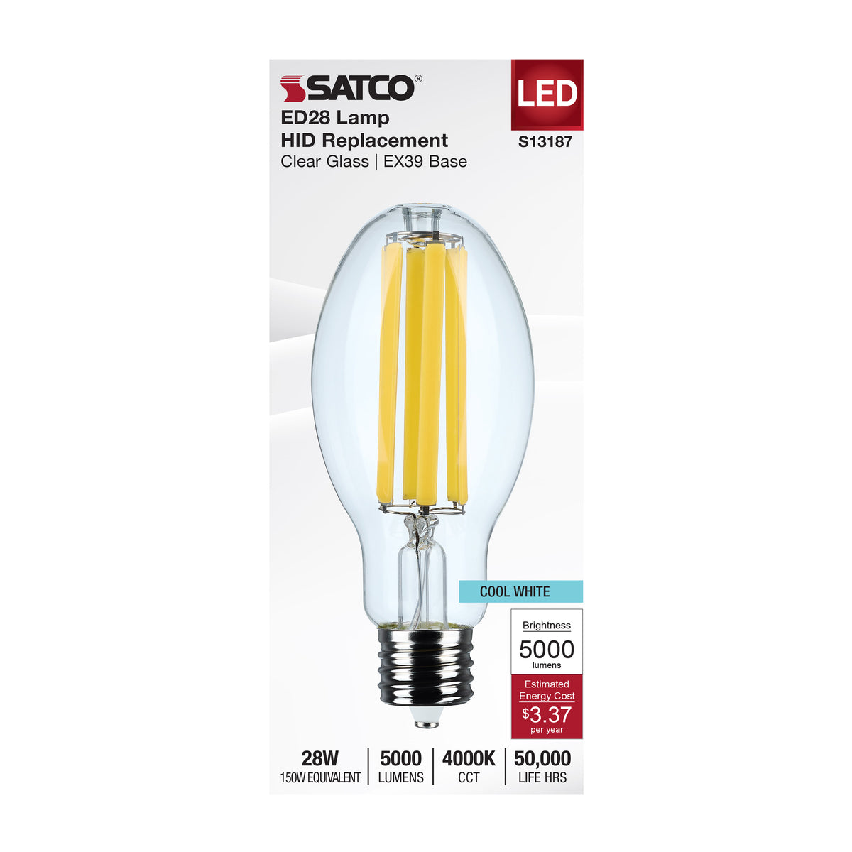 28 Watt LED HID Replacement - ED28 - 4000K - Extended Mogul Base - Clear - 120-277 Range Voltage