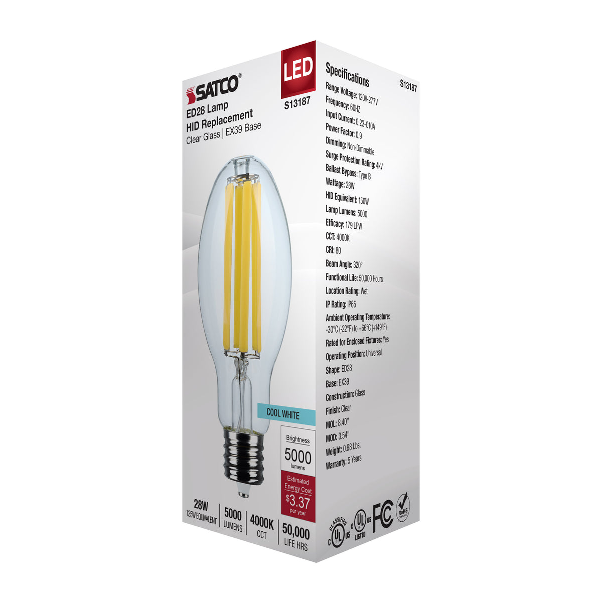 28 Watt LED HID Replacement - ED28 - 4000K - Extended Mogul Base - Clear - 120-277 Range Voltage