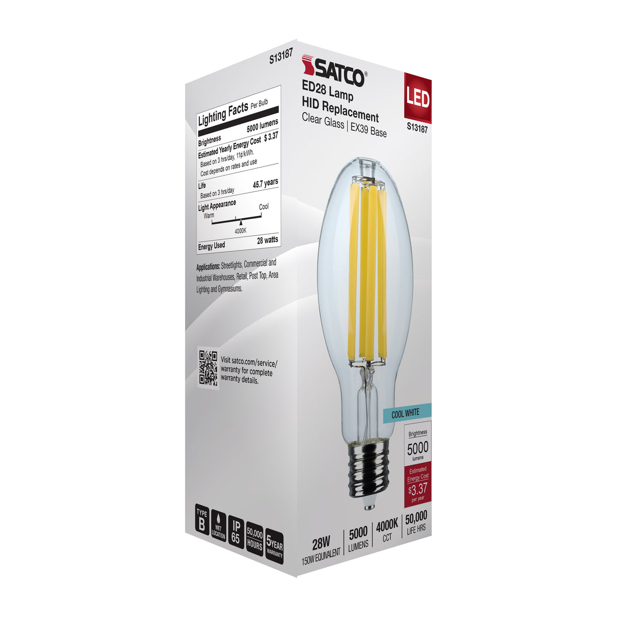 28 Watt LED HID Replacement - ED28 - 4000K - Extended Mogul Base - Clear - 120-277 Range Voltage