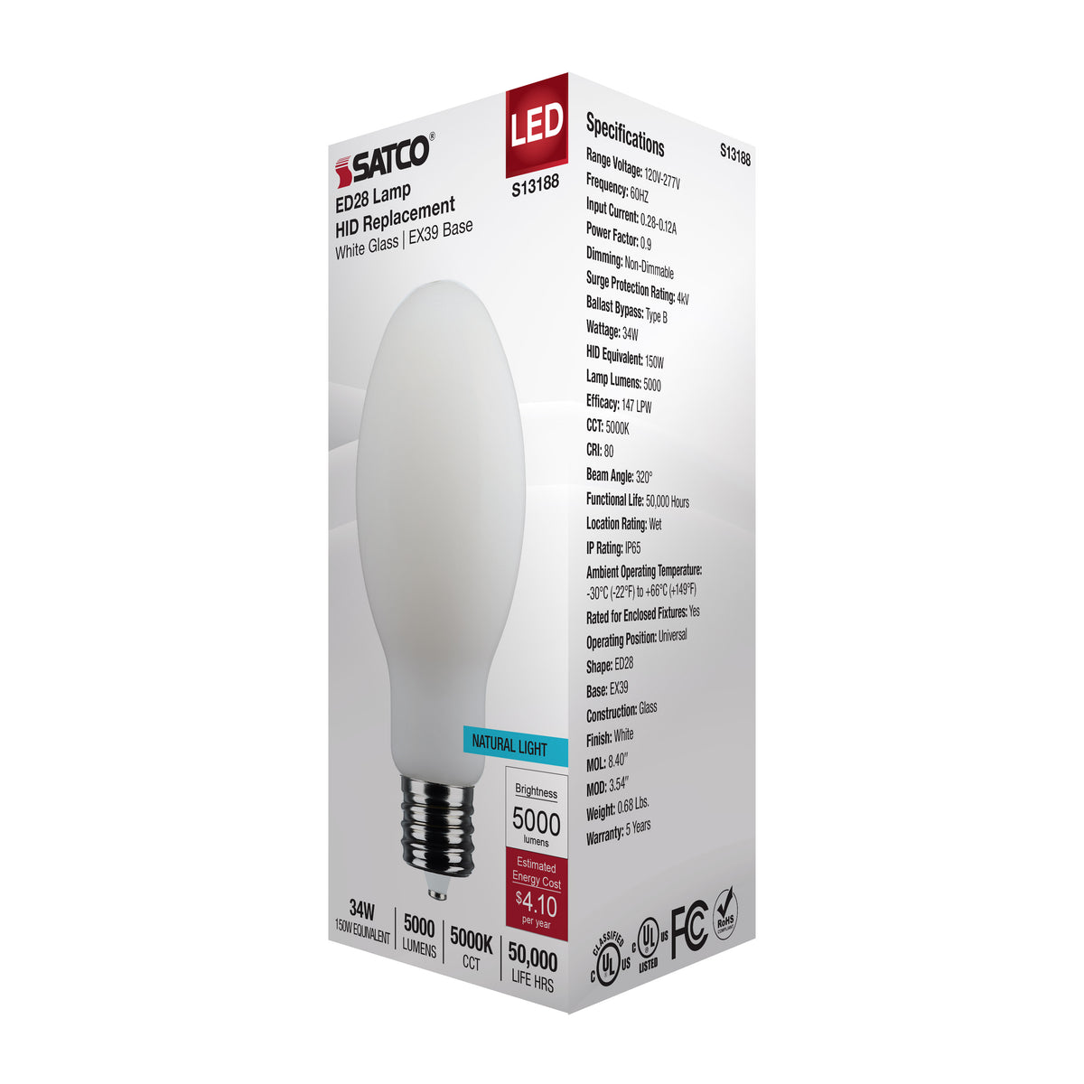 34 Watt LED HID Replacement - ED28 - 5000K - Extended Mogul Base - White - 120-277 Range Voltage