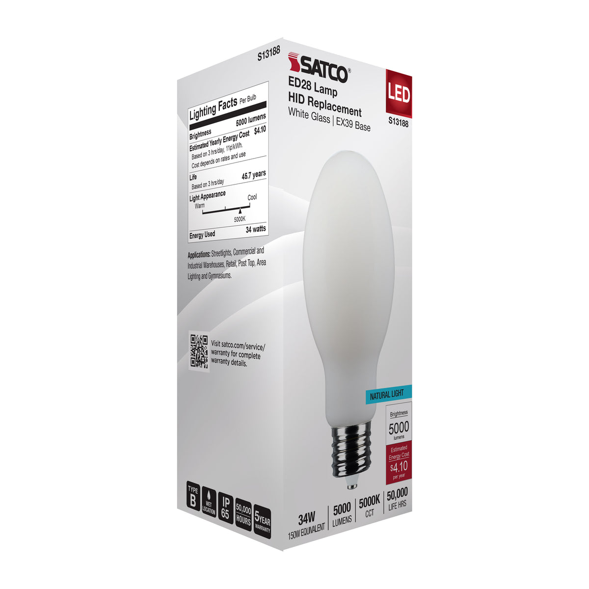 34 Watt LED HID Replacement - ED28 - 5000K - Extended Mogul Base - White - 120-277 Range Voltage