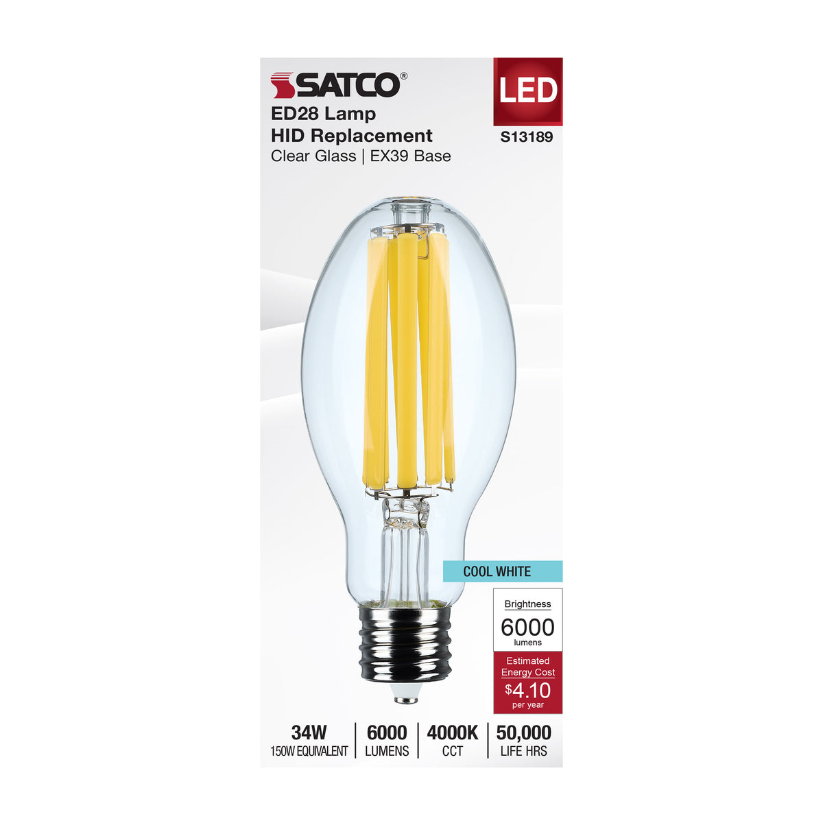 34 Watt LED HID Replacement - ED28 - 4000K - Extended Mogul Base - Clear - 120-277 Range Voltage