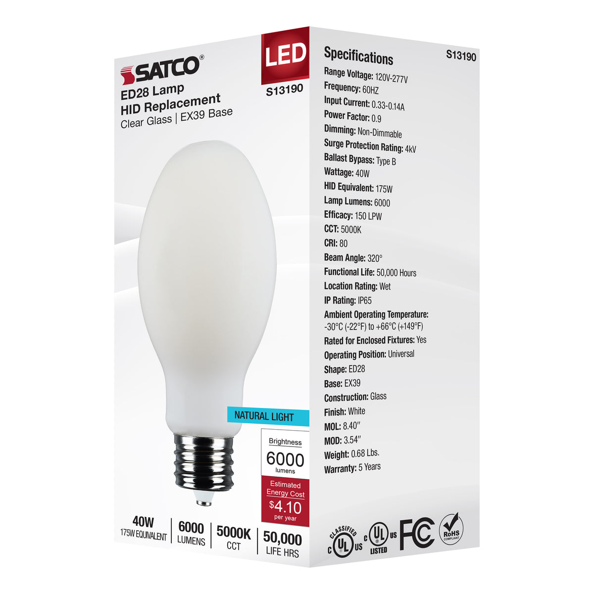 40 Watt LED HID Replacement - ED28 - 5000K - Extended Mogul Base - White - 120-277 Range Voltage