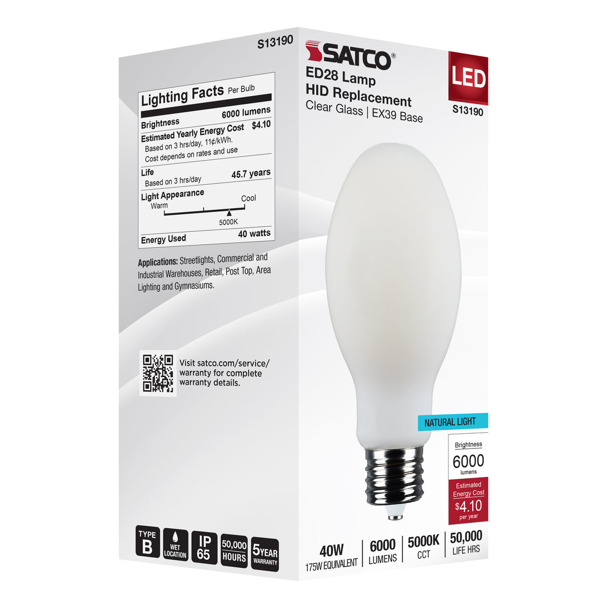 40 Watt LED HID Replacement - ED28 - 5000K - Extended Mogul Base - White - 120-277 Range Voltage