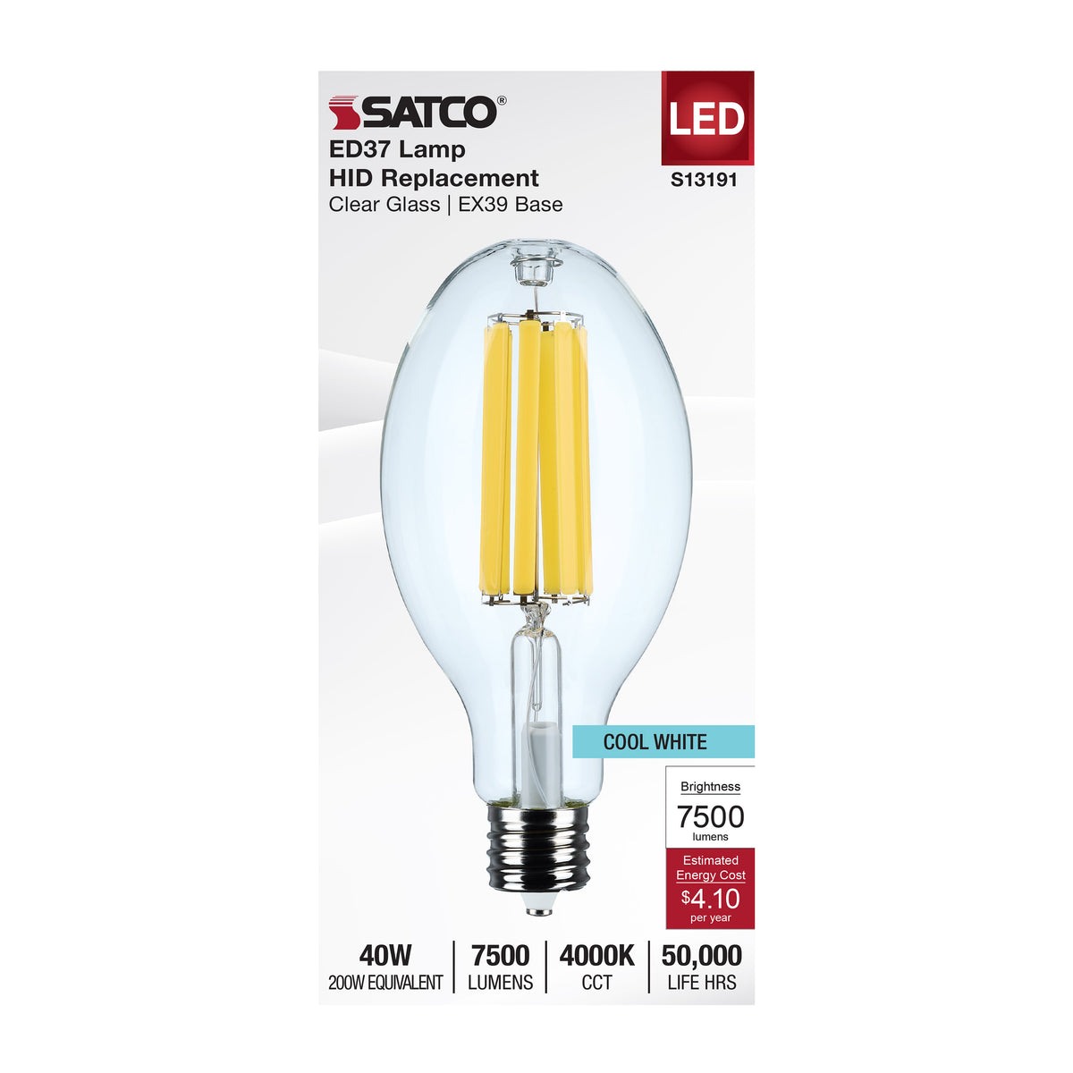 40 Watt LED HID Replacement - ED37 - 4000K - Extended Mogul Base - Clear - 120-277 Range Voltage