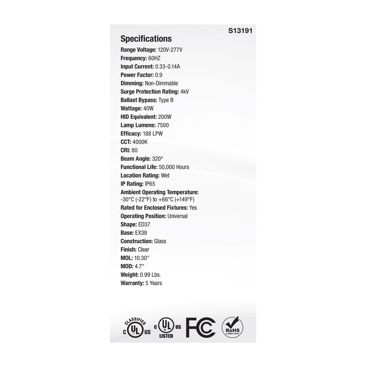 40 Watt LED HID Replacement - ED37 - 4000K - Extended Mogul Base - Clear - 120-277 Range Voltage