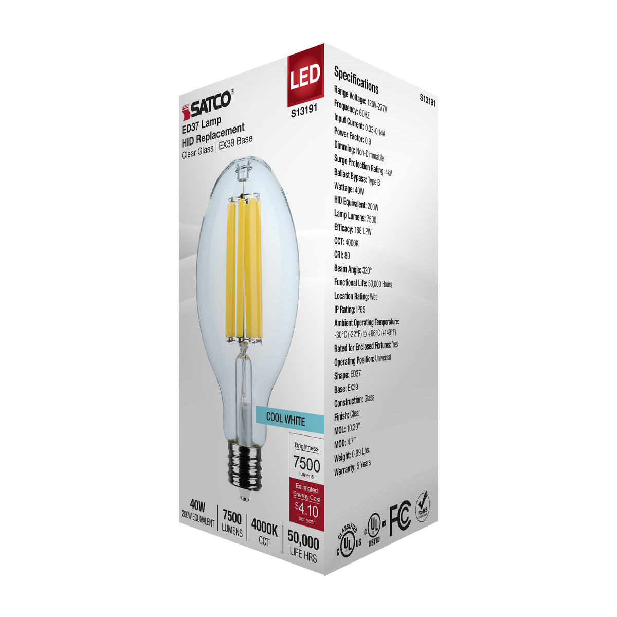 40 Watt LED HID Replacement - ED37 - 4000K - Extended Mogul Base - Clear - 120-277 Range Voltage