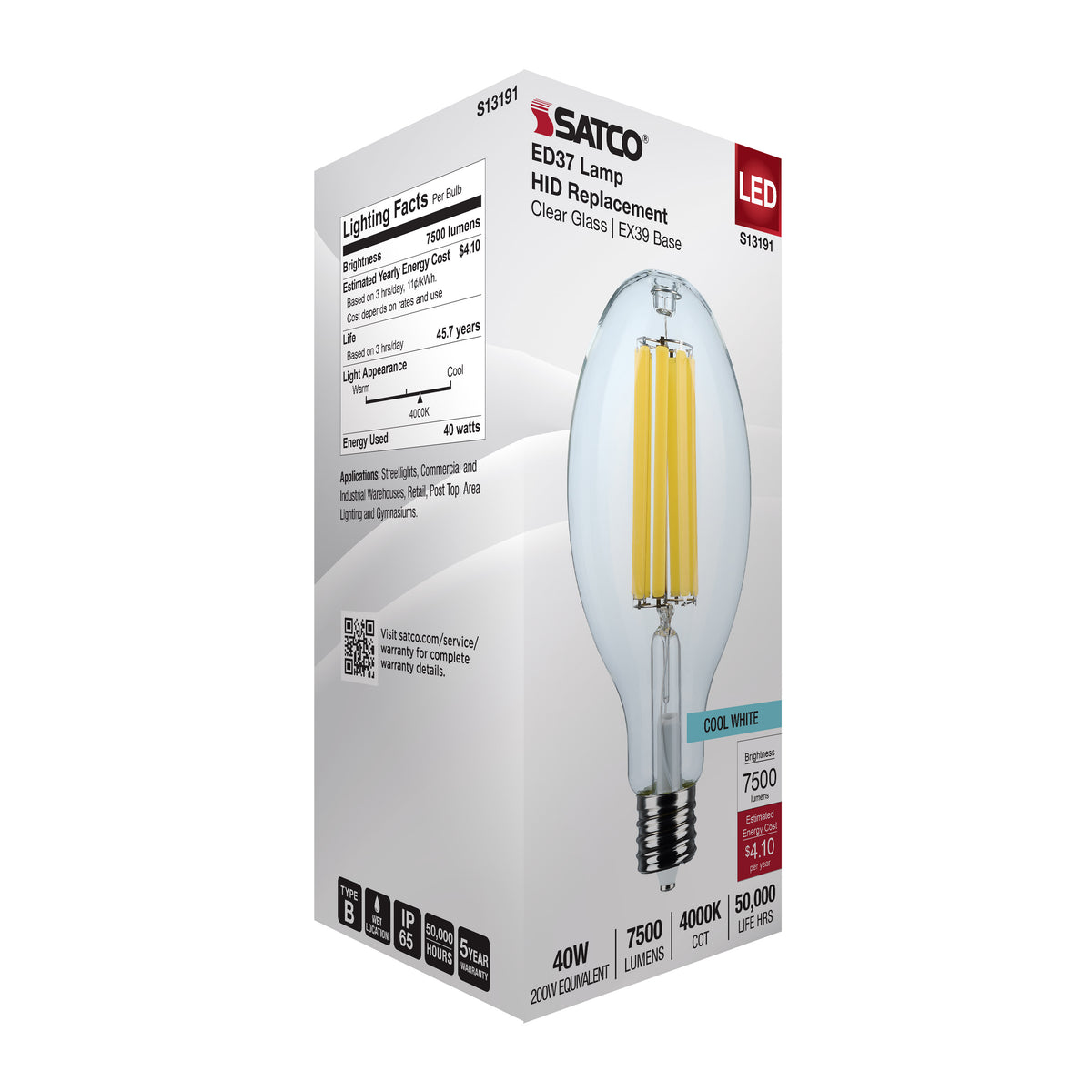 40 Watt LED HID Replacement - ED37 - 4000K - Extended Mogul Base - Clear - 120-277 Range Voltage