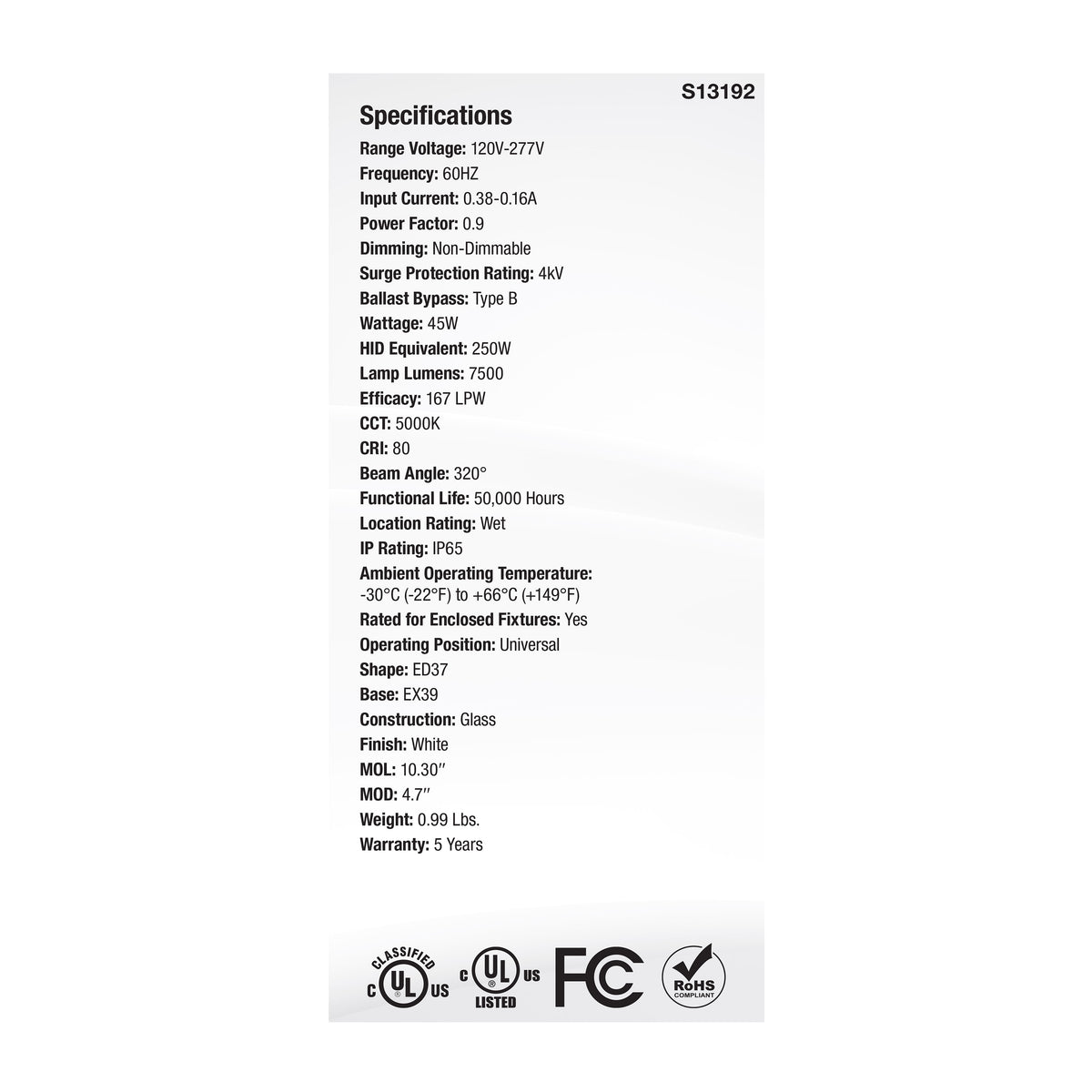 45 Watt LED HID Replacement - ED37 - 5000K - Extended Mogul Base - White - 120-277 Range Voltage