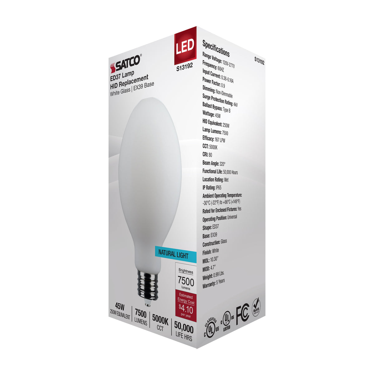 45 Watt LED HID Replacement - ED37 - 5000K - Extended Mogul Base - White - 120-277 Range Voltage