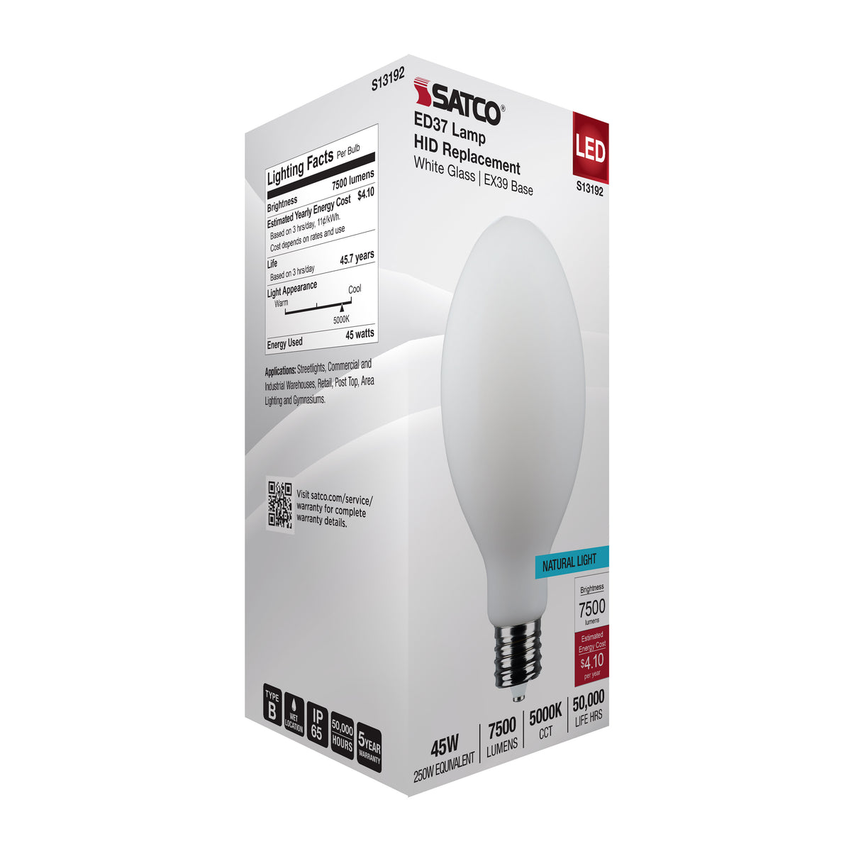 45 Watt LED HID Replacement - ED37 - 5000K - Extended Mogul Base - White - 120-277 Range Voltage