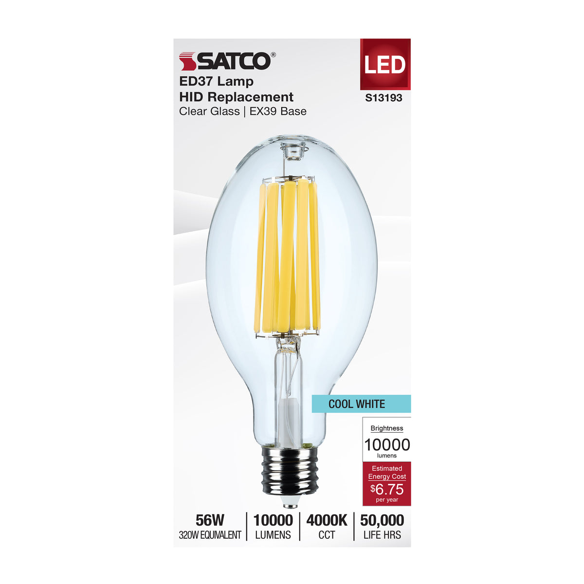 56 Watt LED HID Replacement - ED37 - 4000K - Extended Mogul Base - Clear - 120-277 Range Voltage