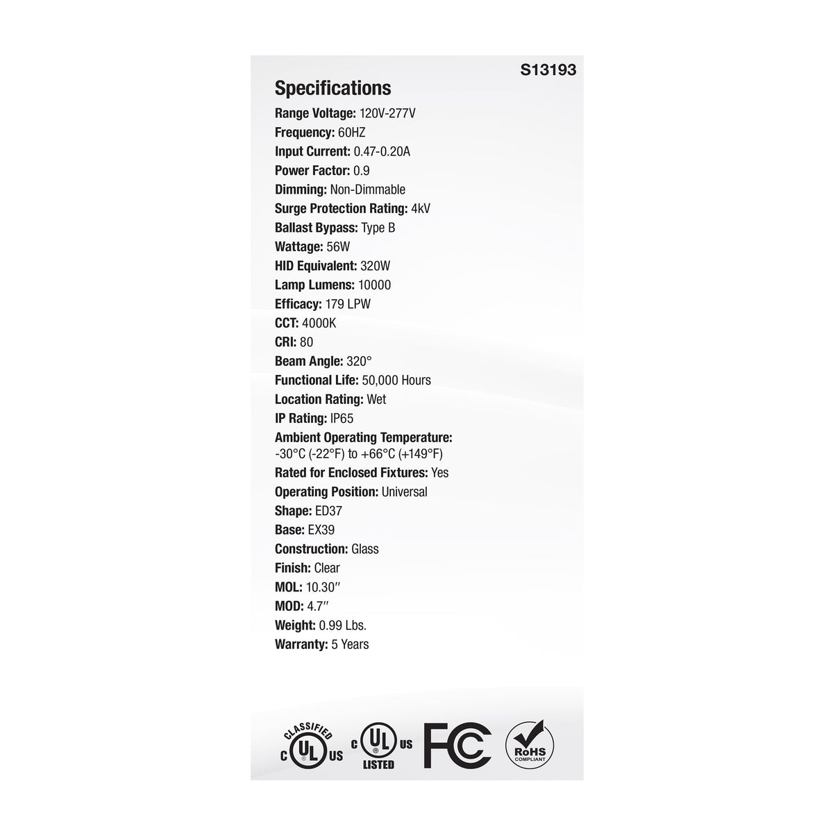 56 Watt LED HID Replacement - ED37 - 4000K - Extended Mogul Base - Clear - 120-277 Range Voltage