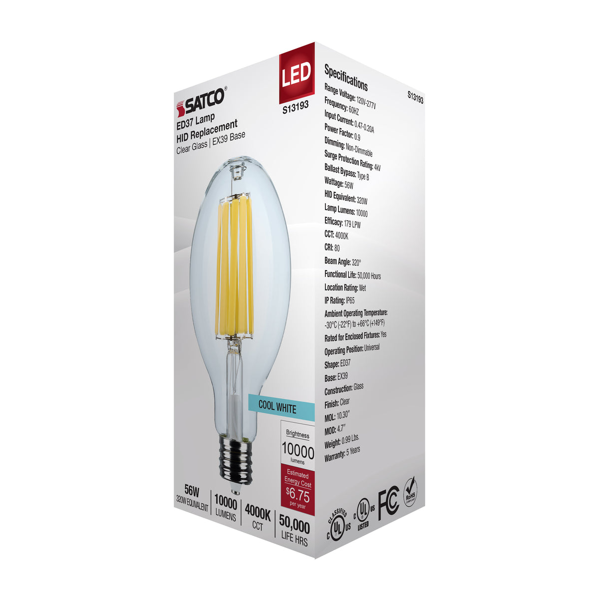 56 Watt LED HID Replacement - ED37 - 4000K - Extended Mogul Base - Clear - 120-277 Range Voltage