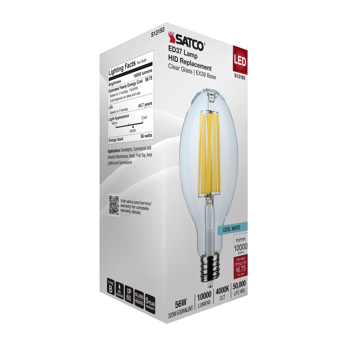 56 Watt LED HID Replacement - ED37 - 4000K - Extended Mogul Base - Clear - 120-277 Range Voltage
