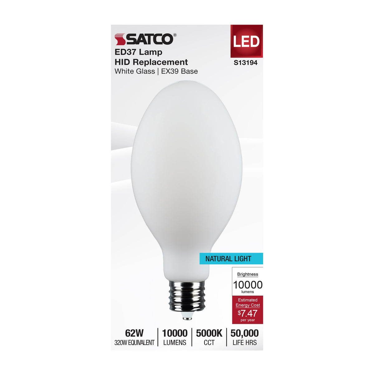 62 Watt LED HID Replacement - ED37 - 5000K - Extended Mogul Base - White - 120-277 Range Voltage