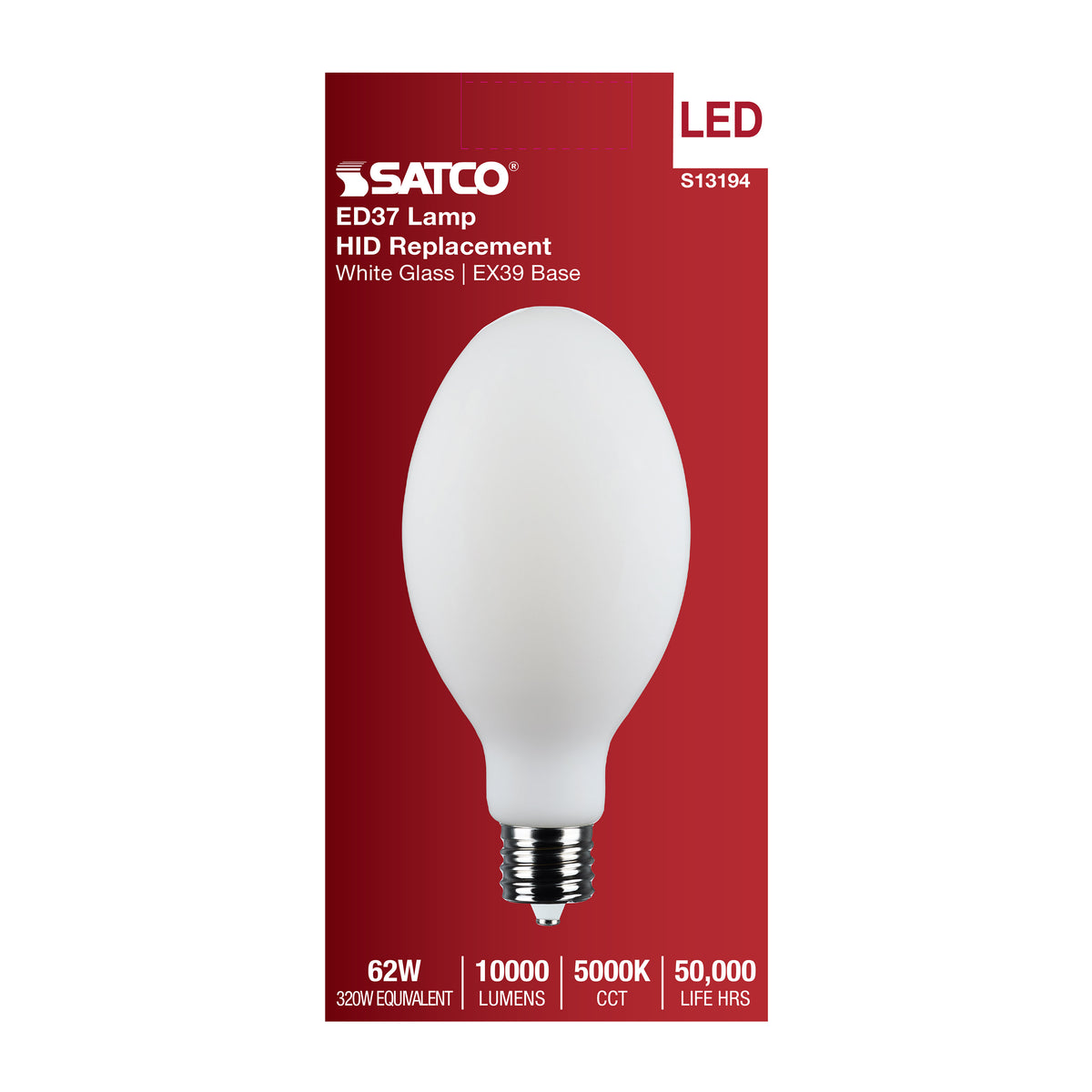 62 Watt LED HID Replacement - ED37 - 5000K - Extended Mogul Base - White - 120-277 Range Voltage